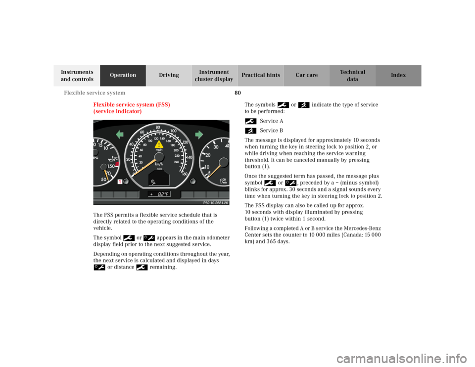 MERCEDES-BENZ SL500 2002 R129 Owners Manual 80 Flexible service system
Te ch n ica l
data Instruments
and controlsOperationDrivingInstrument
cluster displayPractical hints Car care Index
Flexible service system (FSS)
(service indicator)
The MERCEDES-BENZ SL500 2002 R129 Owners Manual 80 Flexible service system
Te ch n ica l
data Instruments
and controlsOperationDrivingInstrument
cluster displayPractical hints Car care Index
Flexible service system (FSS)
(service indicator)
The