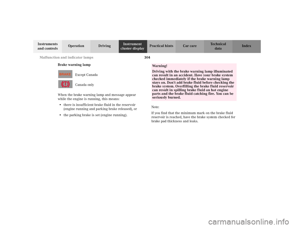 MERCEDES-BENZ S500 2002 W220 Owners Manual 304 Malfunction and indicator lamps
Te ch n i c a l
data Instruments 
and controlsOperation DrivingInstrument 
cluster displayPractical hints Car care Index
Brake warning lamp
Except Canada
Canada onl