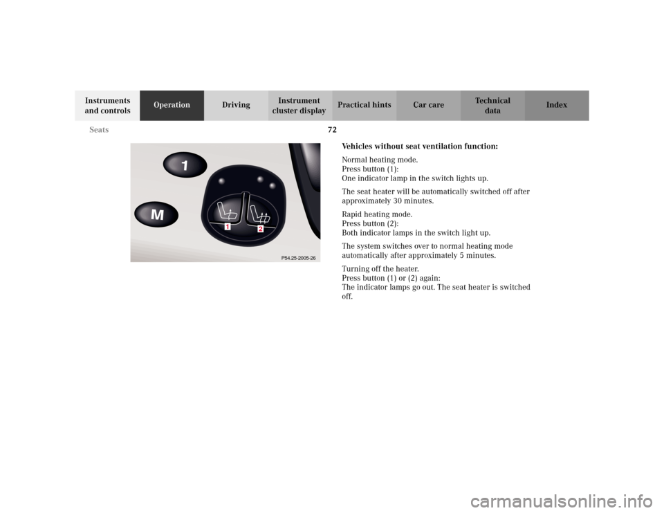 MERCEDES-BENZ S55AMG 2002 W220 Owners Manual 72 Seats
Te ch n i c a l
data Instruments 
and controlsOperationDrivingInstrument 
cluster displayPractical hints Car care Index
Vehicles without seat ventilation function:
Normal heating mode.
Press 