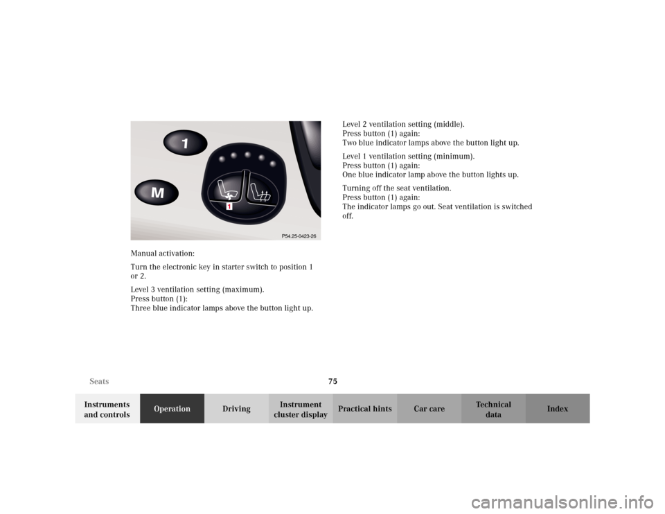 MERCEDES-BENZ S55AMG 2002 W220 Owners Manual 75 Seats
Te ch n i c a l
data Instruments 
and controlsOperationDrivingInstrument 
cluster displayPractical hints Car care Index Manual activation:
Turn the electronic key in starter switch to positio