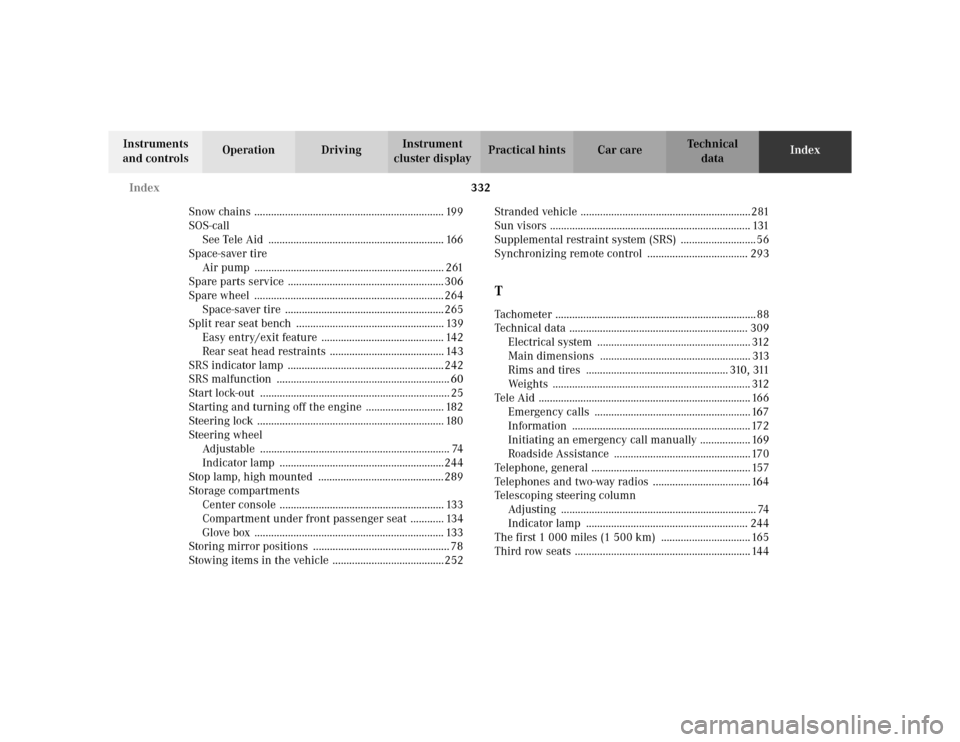 MERCEDES-BENZ ML430 2002 W163 Owners Manual 332 Index
Te ch n i c a l
data Instruments 
and controlsOperation DrivingInstrument 
cluster displayPractical hints Car careIndex
Snow chains ..........................................................