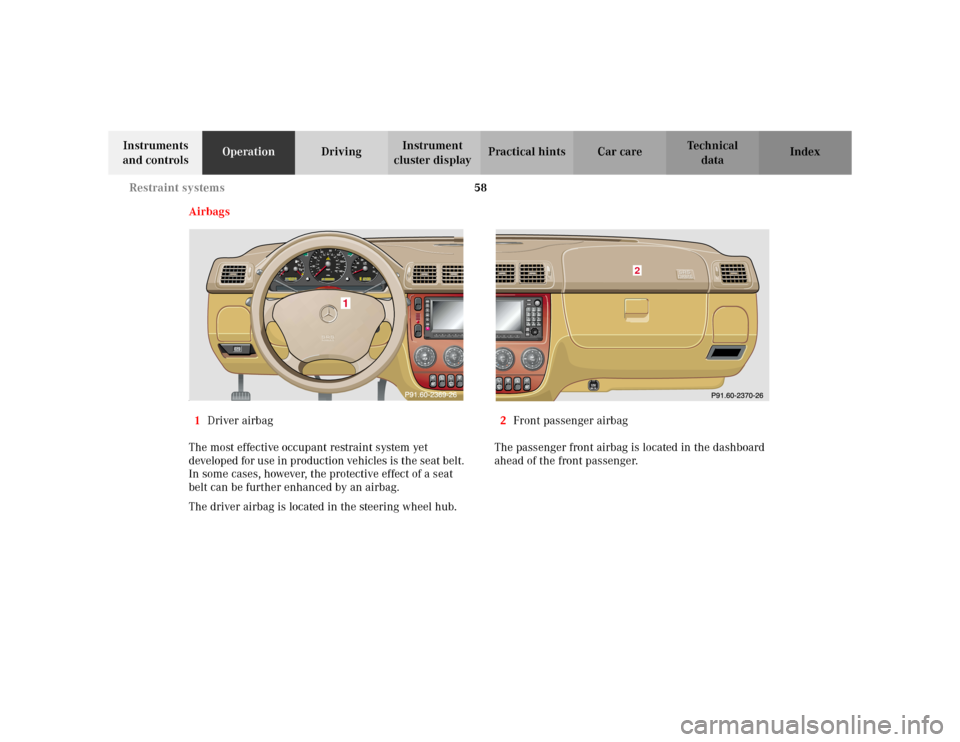 MERCEDES-BENZ ML320 2002 W163 Owners Manual 58 Restraint systems
Te ch n i c a l
data Instruments 
and controlsOperationDrivingInstrument 
cluster displayPractical hints Car care Index
Airbags
1Driver airbag
The most effective occupant restrain