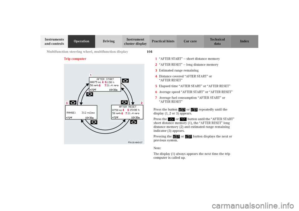 MERCEDES-BENZ G500 2002 W463 Owners Manual 104 Multifunction steering wheel, multifunction display
Te ch n i c a l
data Instruments 
and controlsOperationDrivingInstrument 
cluster displayPractical hints Car care Index
Trip computer 1“AFTER 