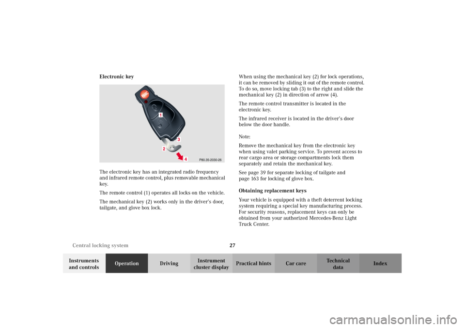 MERCEDES-BENZ G500 2002 W463 Owners Manual 27 Central locking system
Te ch n i c a l
data Instruments
and controlsOperationDrivingInstrument
cluster displayPractical hints Car care Index Electronic key
The electronic key has an integrated ra MERCEDES-BENZ G500 2002 W463 Owners Manual 27 Central locking system
Te ch n i c a l
data Instruments
and controlsOperationDrivingInstrument
cluster displayPractical hints Car care Index Electronic key
The electronic key has an integrated ra