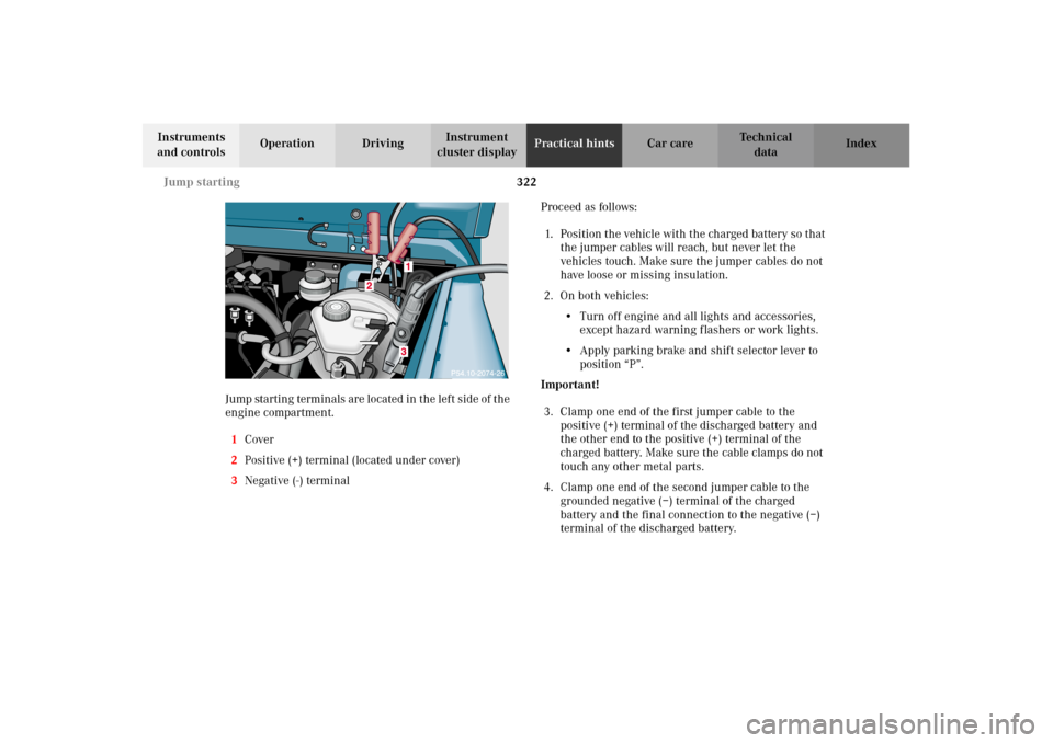 MERCEDES-BENZ G500 2002 W463 Owners Manual 322 Jump starting
Te ch n i c a l
data Instruments
and controlsOperation DrivingInstrument
cluster displayPractical hintsCar care Index
Jump startin g term in als ar e located in t he lef t s id e MERCEDES-BENZ G500 2002 W463 Owners Manual 322 Jump starting
Te ch n i c a l
data Instruments
and controlsOperation DrivingInstrument
cluster displayPractical hintsCar care Index
Jump startin g term in als ar e located in t he lef t s id e