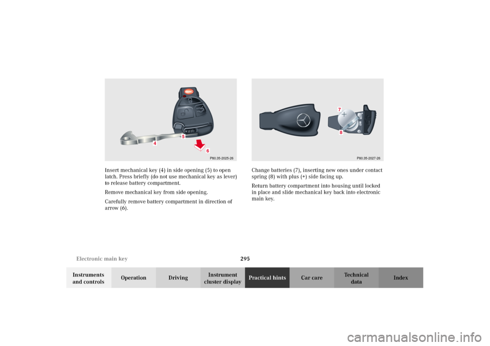 MERCEDES-BENZ E55AMG 2002 W210 Owners Manual 295 Electronic main key
Technical
data Instruments 
and controlsOperation DrivingInstrument 
cluster displayPractical hintsCar care Index Insert mechanical key (4) in side opening (5) to open 
latch. 