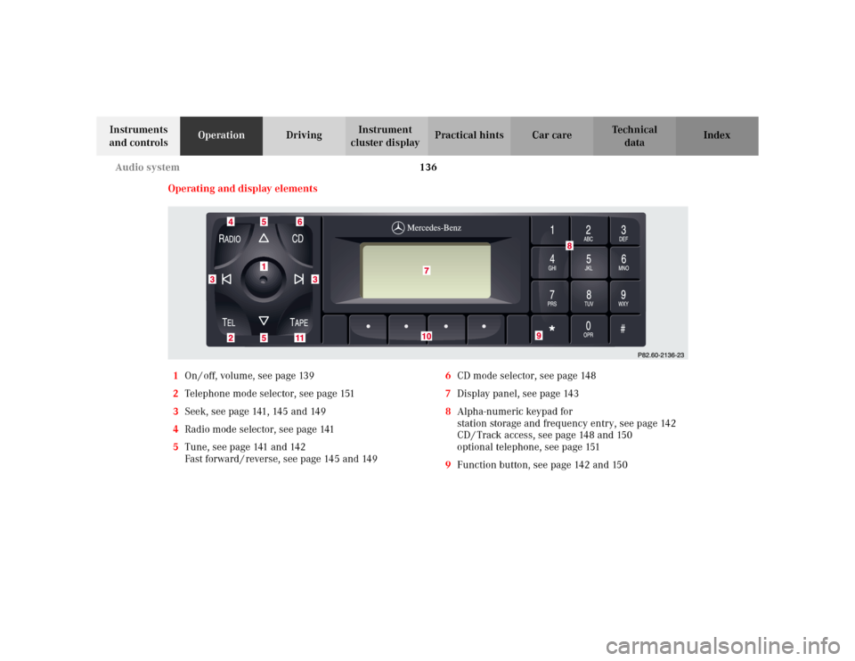 MERCEDES-BENZ E WAGON 2002 S210 Owners Manual 136 Audio system
Te ch n i c a l
data Instruments 
and controlsOperationDrivingInstrument 
cluster displayPractical hints Car care Index
Operating and display elements
1On / off, volume, see page 139
