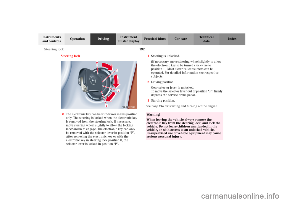 MERCEDES-BENZ CLK320 CABRIOLET 2002 A208 Owners Manual 192 Steering lock
Technical
data Instruments
and controlsOperationDrivingInstrument
cluster displayPractical hints Car care Index
Steering lock
0The electronic key can be withdrawn in this position MERCEDES-BENZ CLK320 CABRIOLET 2002 A208 Owners Manual 192 Steering lock
Technical
data Instruments
and controlsOperationDrivingInstrument
cluster displayPractical hints Car care Index
Steering lock
0The electronic key can be withdrawn in this position