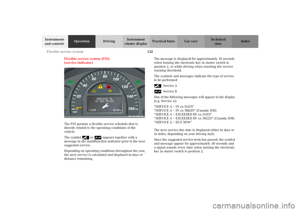 MERCEDES-BENZ C320 WAGON 2002 S203 Owners Manual 132 Flexible service system
Te ch n i c a l
data Instruments
and controlsOperationDrivingInstrument
cluster displayPractical hints Car care Index
Flexible service system (FSS)
(service indicator)
Th MERCEDES-BENZ C320 WAGON 2002 S203 Owners Manual 132 Flexible service system
Te ch n i c a l
data Instruments
and controlsOperationDrivingInstrument
cluster displayPractical hints Car care Index
Flexible service system (FSS)
(service indicator)
Th