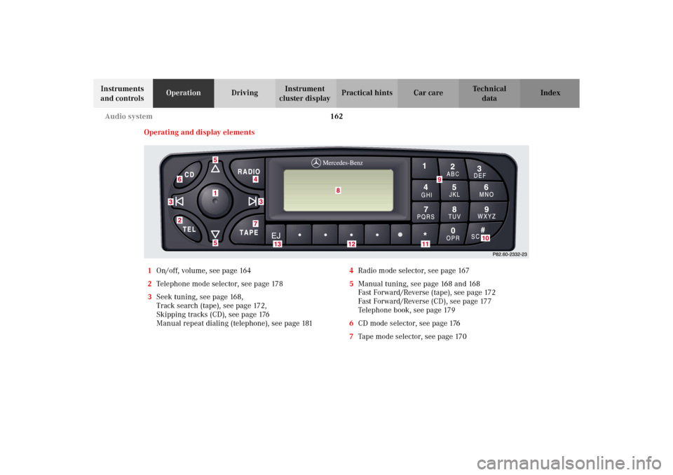 MERCEDES-BENZ C320 WAGON 2002 S203 Owners Manual 162 Audio system
Te ch n i c a l
data Instruments 
and controlsOperationDrivingInstrument 
cluster displayPractical hints Car care Index
Operating and display elements
1On/off, volume, see page 164
2T