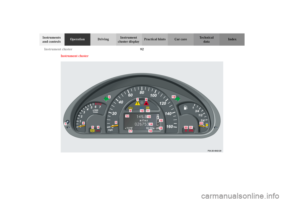 MERCEDES-BENZ C320 WAGON 2002 S203 Owners Manual 92 Instrument cluster
Te ch n i c a l
data Instruments 
and controlsOperationDrivingInstrument 
cluster displayPractical hints Car care Index
Instrument cluster
S203.book Seite 92 Freitag, 19. Oktober
