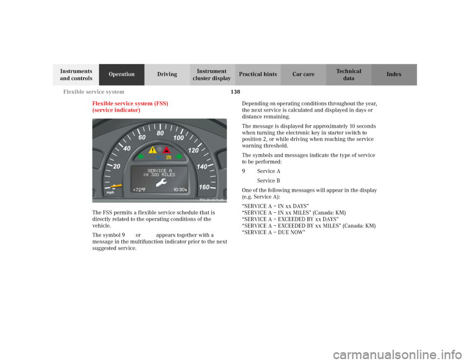 MERCEDES-BENZ C230 KOMPRESSOR COUPE 2002 CL203 Owners Manual 138 Flexible service system
Te ch n i c a l
data Instruments
and controlsOperationDrivingInstrument
cluster displayPractical hints Car care Index
Flexible service system (FSS)
(service indicator)
Th MERCEDES-BENZ C230 KOMPRESSOR COUPE 2002 CL203 Owners Manual 138 Flexible service system
Te ch n i c a l
data Instruments
and controlsOperationDrivingInstrument
cluster displayPractical hints Car care Index
Flexible service system (FSS)
(service indicator)
Th