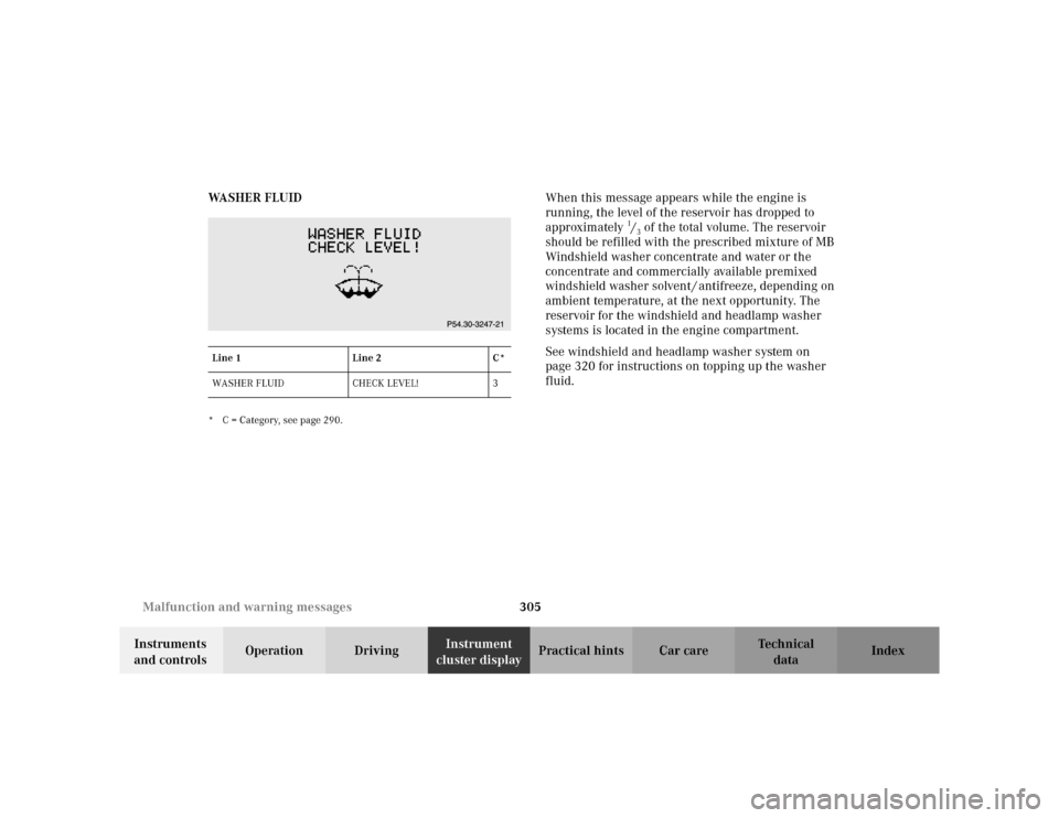 MERCEDES-BENZ C230 KOMPRESSOR COUPE 2002 CL203 Owners Manual 305 Malfunction and warning messages
Te ch n i c a l
data Instruments 
and controlsOperation DrivingInstrument 
cluster displayPractical hints Car care Index WA S H E R  F L U I D
* C = Category, see 