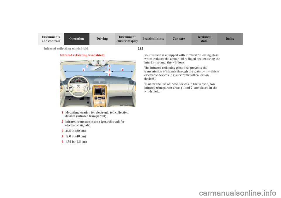 MERCEDES-BENZ CL600 2002 C215 Owners Manual 212 Infrared reflecting windshield
Te ch n i c a l
data Instruments 
and controlsOperationDrivingInstrument 
cluster displayPractical hints Car care Index
Infrared reflecting windshield
1Mounting loca