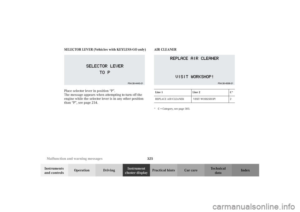 MERCEDES-BENZ CL600 2002 C215 Owners Manual 325 Malfunction and warning messages
Te ch n i c a l
data Instruments 
and controlsOperation DrivingInstrument 
cluster displayPractical hints Car care Index SELECTOR LEVER (Vehicles with KEYLESS-GO o