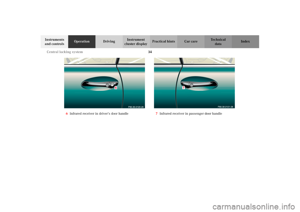 MERCEDES-BENZ CL600 2002 C215 Owners Manual 34 Central locking system
Te ch n i c a l
data Instruments 
and controlsOperationDrivingInstrument 
cluster displayPractical hints Car care Index
6Infrared receiver in driver’s door handle7Infrared 