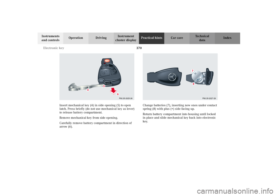 MERCEDES-BENZ CL600 2002 C215 Owners Manual 370 Electronic key
Te ch n i c a l
data Instruments 
and controlsOperation DrivingInstrument 
cluster displayPractical hintsCar care Index
Insert mechanical key (4) in side opening (5) to open 
latch.