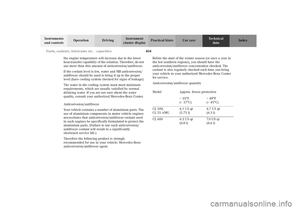 MERCEDES-BENZ CL600 2002 C215 Owners Manual 404 Fuels, coolants, lubricants etc. - capacities
Te ch n i c a l
data Instruments
and controlsOperation DrivingInstrument
cluster displayPractical hints Car care Index
the engine temperature will i MERCEDES-BENZ CL600 2002 C215 Owners Manual 404 Fuels, coolants, lubricants etc. - capacities
Te ch n i c a l
data Instruments
and controlsOperation DrivingInstrument
cluster displayPractical hints Car care Index
the engine temperature will i