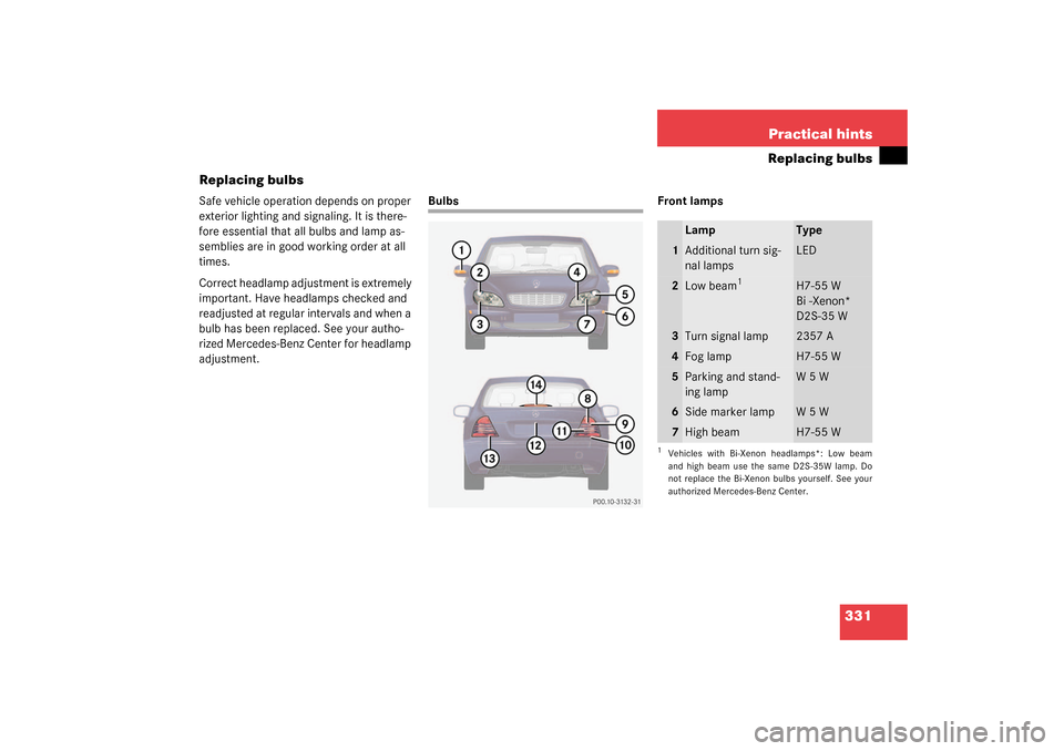 MERCEDES-BENZ S430 4MATIC 2003 W220 Owners Manual 331 Practical hints
Replacing bulbs
Replacing bulbs
Safe vehicle operation depends on proper 
exterior lighting and signaling. It is there-
fore essential that all bulbs and lamp as-
semblies are in g