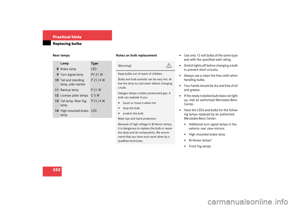 MERCEDES-BENZ S430 4MATIC 2003 W220 Owners Manual 332 Practical hintsReplacing bulbsRear lamps Notes on bulb replacement

Use only 12 volt bulbs of the same type 
and with the specified watt rating. 

Switch lights off before changing a bulb 
to pr