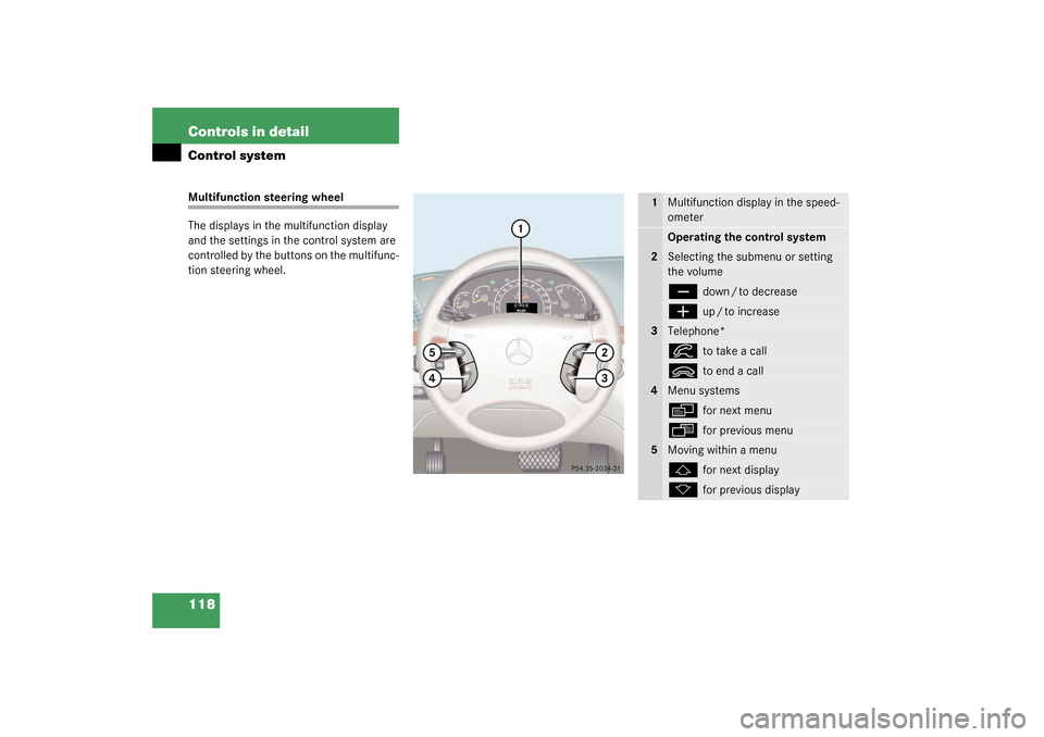 MERCEDES-BENZ CL500 2003 C215 Owners Manual 118 Controls in detailControl systemMultifunction steering wheel
The displays in the multifunction display 
and the settings in the control system are 
controlled by the buttons on the multifunc-
tion