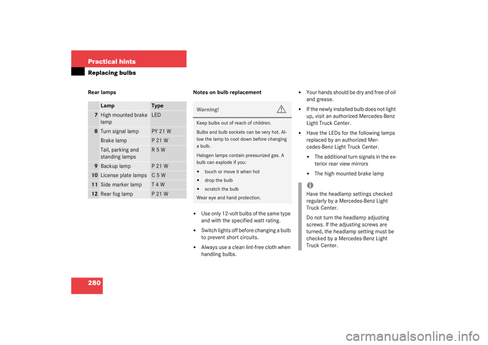 MERCEDES-BENZ G500 2003 W463 Owners Manual 280 Practical hintsReplacing bulbsRear lamps Notes on bulb replacement
Use only 12-volt bulbs of the same type
and with the specified watt rating.
Switch lights off before changing a bulb
to pr MERCEDES-BENZ G500 2003 W463 Owners Manual 280 Practical hintsReplacing bulbsRear lamps Notes on bulb replacement
Use only 12-volt bulbs of the same type
and with the specified watt rating.
Switch lights off before changing a bulb
to pr