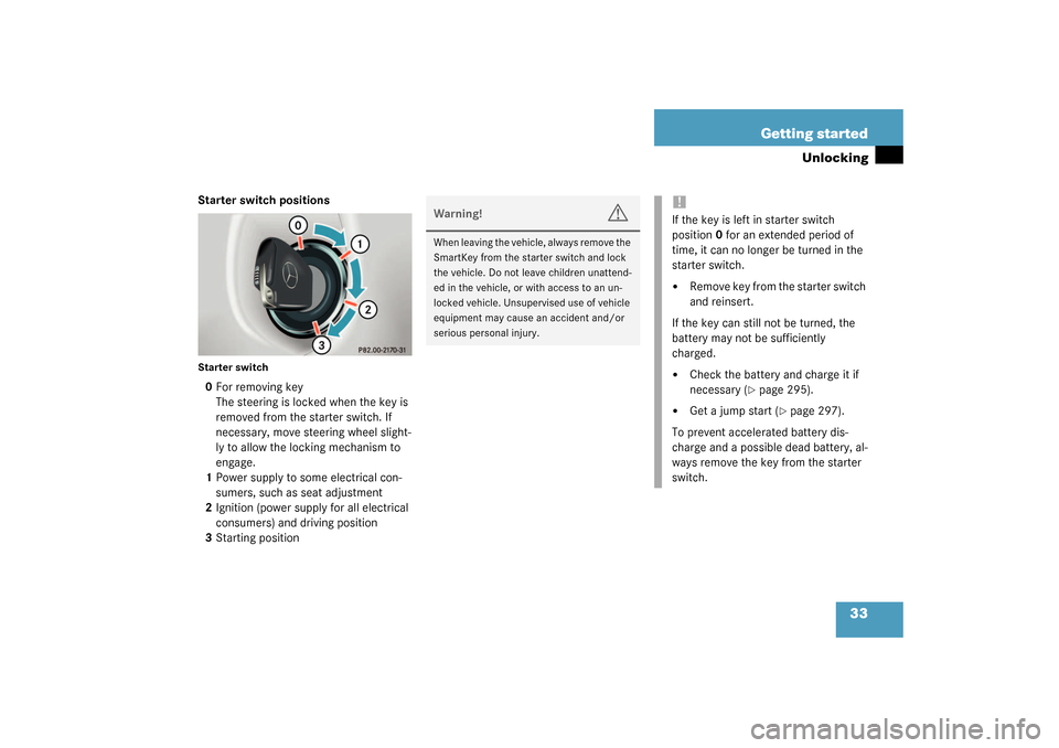MERCEDES-BENZ G500 2003 W463 Owners Manual 33 Getting started
Unlocking
Starter switch positionsStarter switch0For removing key
The steering is locked when the key is 
removed from the starter switch. If 
necessary, move steering wheel slight-