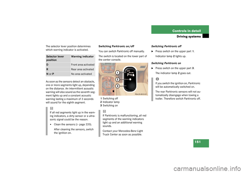 MERCEDES-BENZ ML55AMG 2003 W163 Owners Manual 151 Controls in detail
Driving systems
The selector lever position determines
which warning indicator is activated.
As soon as the sensors detect an obstacle,
one or more segments light up, dependin MERCEDES-BENZ ML55AMG 2003 W163 Owners Manual 151 Controls in detail
Driving systems
The selector lever position determines
which warning indicator is activated.
As soon as the sensors detect an obstacle,
one or more segments light up, dependin
