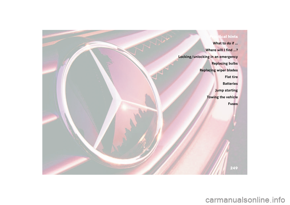 MERCEDES-BENZ SL55AMG 2003 R230 Owners Manual 249 Practical hints
What to do if …
Where will I find ...?
Locking/unlocking in an emergency
Replacing bulbs
Replacing wiper blades
Flat tire
Batteries
Jump starting
Towing the vehicle
Fuses 