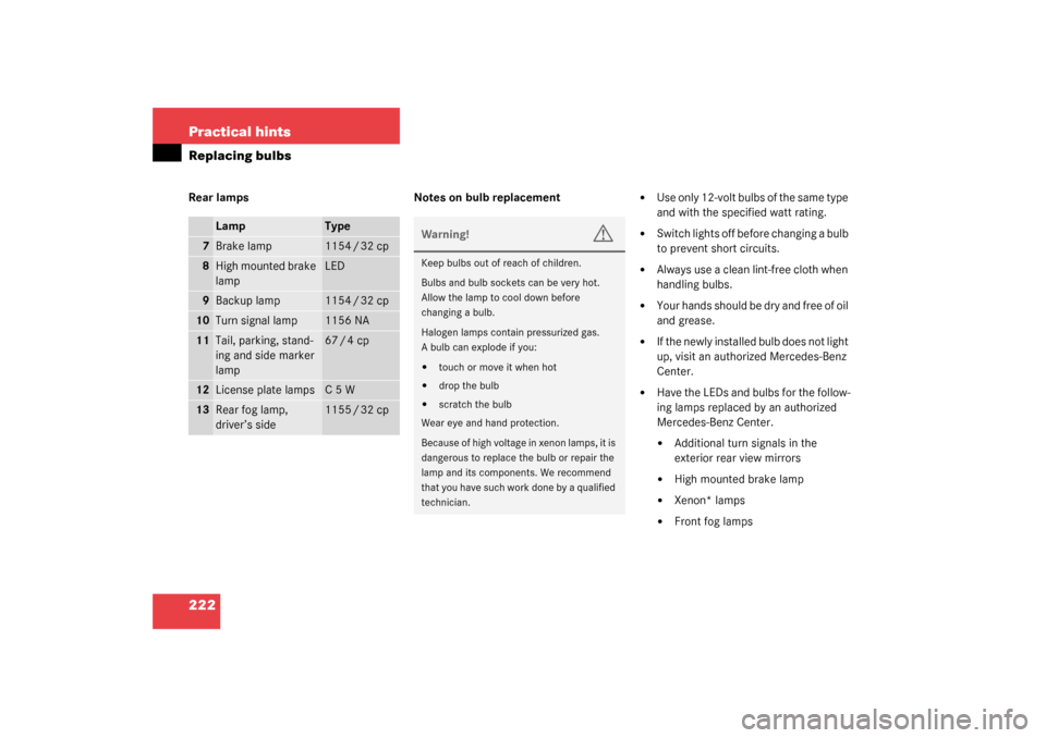 MERCEDES-BENZ SLK320 2003 R170 Owners Manual 222 Practical hintsReplacing bulbsRear lamps Notes on bulb replacement
Use only 12-volt bulbs of the same type
and with the specified watt rating.
Switch lights off before changing a bulb
to pr MERCEDES-BENZ SLK320 2003 R170 Owners Manual 222 Practical hintsReplacing bulbsRear lamps Notes on bulb replacement
Use only 12-volt bulbs of the same type
and with the specified watt rating.
Switch lights off before changing a bulb
to pr