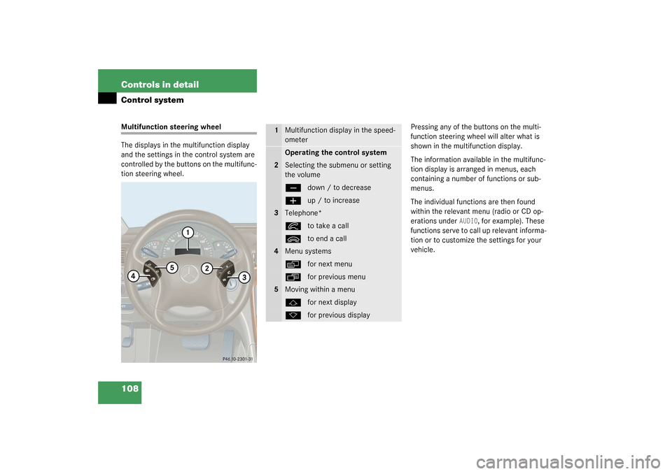 MERCEDES-BENZ C320 WAGON 2003 S203 Owners Manual 108 Controls in detailControl systemMultifunction steering wheel
The displays in the multifunction display 
and the settings in the control system are 
controlled by the buttons on the multifunc-
tion