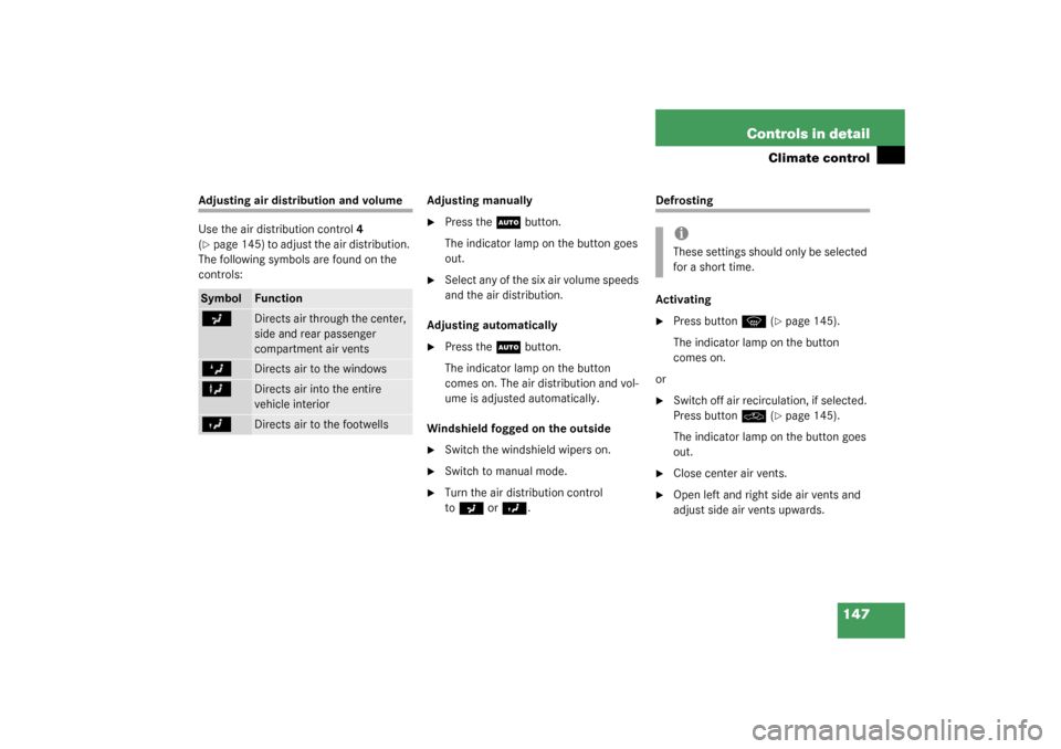 MERCEDES-BENZ C320 4MATIC WAGON 2003 S203 Owners Manual 147 Controls in detail
Climate control
Adjusting air distribution and volume
Use the air distribution control4 
(page 145) to adjust the air distribution. 
The following symbols are found on the 
con