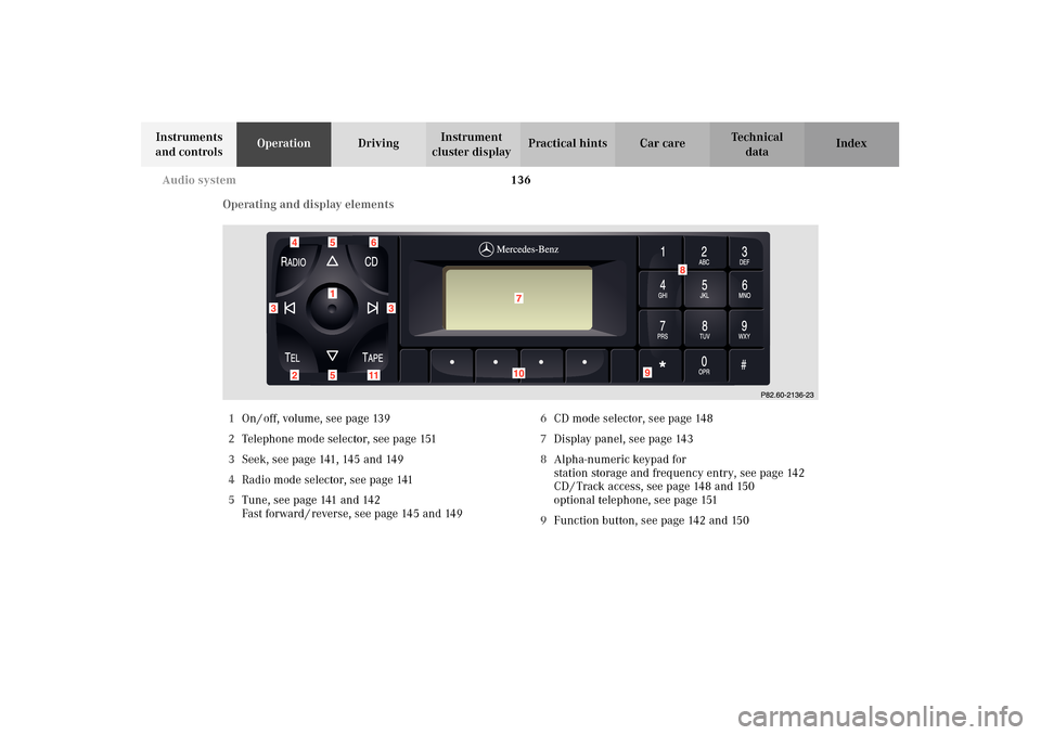 MERCEDES-BENZ E320 4MATIC WAGON 2003 S210 Owners Manual 136 Audio system
Te ch n i c a l
data Instruments 
and controlsOperationDrivingInstrument 
cluster displayPractical hints Car care Index
Operating and display elements
1On / off, volume, see page 139
