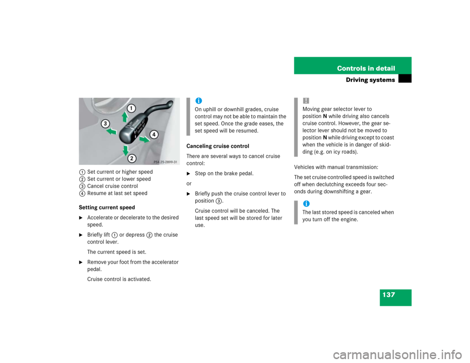 MERCEDES-BENZ SLK32AMG 2004 R171 Owners Manual 137 Controls in detail
Driving systems
1Set current or higher speed
2Set current or lower speed
3Cancel cruise control
4Resume at last set speed
Setting current speed
Accelerate or decelerate to the MERCEDES-BENZ SLK32AMG 2004 R171 Owners Manual 137 Controls in detail
Driving systems
1Set current or higher speed
2Set current or lower speed
3Cancel cruise control
4Resume at last set speed
Setting current speed
Accelerate or decelerate to the