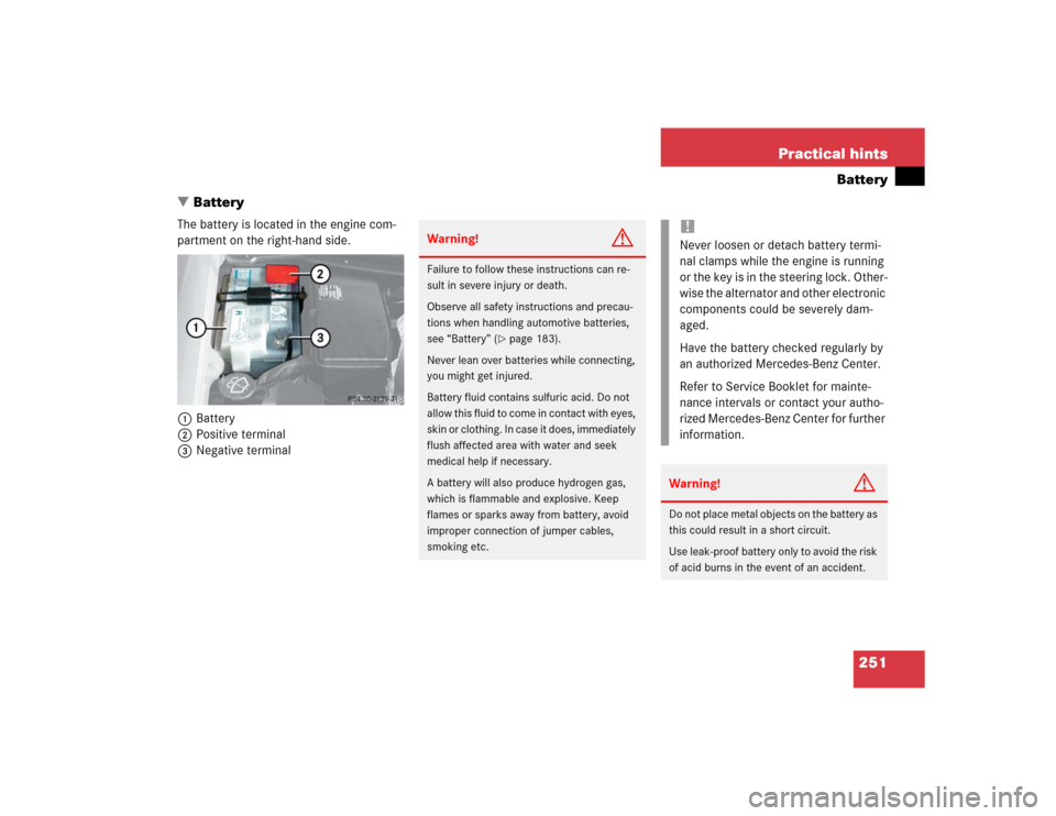 MERCEDES-BENZ SLK32AMG 2004 R171 Owners Manual 251 Practical hints
Battery
Battery
The battery is located in the engine com-
partment on the right-hand side.
1Battery
2Positive terminal
3Negative terminal
Warning!
G
Failure to follow these instru MERCEDES-BENZ SLK32AMG 2004 R171 Owners Manual 251 Practical hints
Battery
Battery
The battery is located in the engine com-
partment on the right-hand side.
1Battery
2Positive terminal
3Negative terminal
Warning!
G
Failure to follow these instru