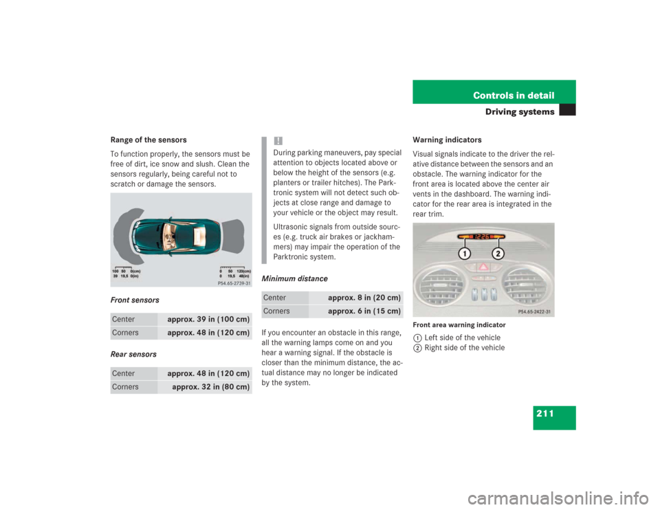MERCEDES-BENZ SL600 2004 R230 Owners Manual 211 Controls in detail
Driving systems
Range of the sensors
To function properly, the sensors must be 
free of dirt, ice snow and slush. Clean the 
sensors regularly, being careful not to 
scratch or 