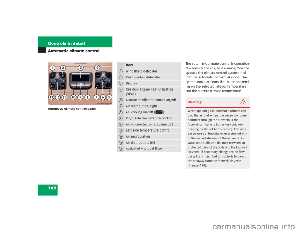 MERCEDES-BENZ S430 2004 W220 Owners Manual 182 Controls in detailAutomatic climate controlAutomatic climate control panel
The automatic climate control is operation-
al whenever the engine is running. You can
operate the climate control syste MERCEDES-BENZ S430 2004 W220 Owners Manual 182 Controls in detailAutomatic climate controlAutomatic climate control panel
The automatic climate control is operation-
al whenever the engine is running. You can
operate the climate control syste
