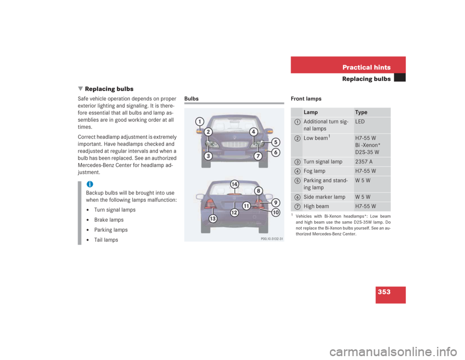 MERCEDES-BENZ S500 2004 W220 Owners Manual 353 Practical hints
Replacing bulbs
Replacing bulbs
Safe vehicle operation depends on proper 
exterior lighting and signaling. It is there-
fore essential that all bulbs and lamp as-
semblies are in 