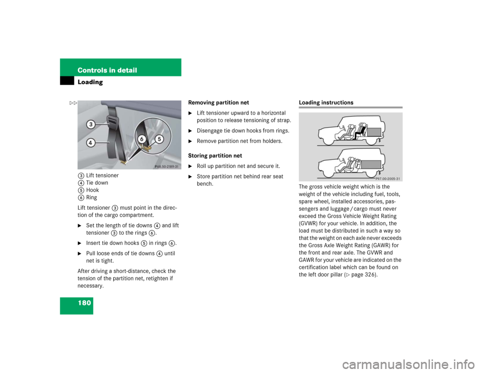 MERCEDES-BENZ G55AMG 2004 W463 Owners Manual 180 Controls in detailLoading3Lift tensioner
4Tie down
5Hook
6Ring
Lift tensioner3 must point in the direc-
tion of the cargo compartment.
Set the length of tie downs4 and lift
tensioner3 to the rin MERCEDES-BENZ G55AMG 2004 W463 Owners Manual 180 Controls in detailLoading3Lift tensioner
4Tie down
5Hook
6Ring
Lift tensioner3 must point in the direc-
tion of the cargo compartment.
Set the length of tie downs4 and lift
tensioner3 to the rin