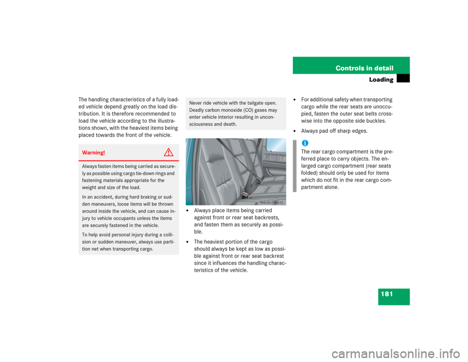 MERCEDES-BENZ G55AMG 2004 W463 Owners Manual 181 Controls in detail
Loading
The handling characteristics of a fully load-
ed vehicle depend greatly on the load dis-
tribution. It is therefore recommended to
load the vehicle according to the ill MERCEDES-BENZ G55AMG 2004 W463 Owners Manual 181 Controls in detail
Loading
The handling characteristics of a fully load-
ed vehicle depend greatly on the load dis-
tribution. It is therefore recommended to
load the vehicle according to the ill