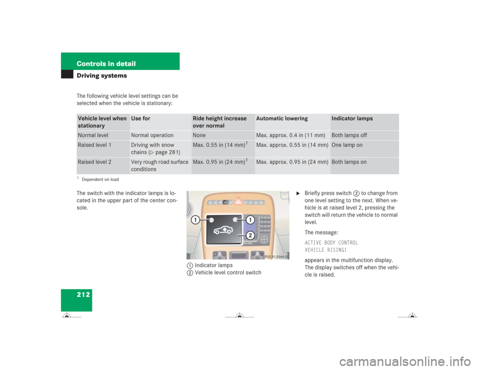 MERCEDES-BENZ CL600 2004 C215 Owners Manual 212 Controls in detailDriving systemsThe following vehicle level settings can be
selected when the vehicle is stationary:
The switch with the indicator lamps is lo-
cated in the upper part of the cen MERCEDES-BENZ CL600 2004 C215 Owners Manual 212 Controls in detailDriving systemsThe following vehicle level settings can be
selected when the vehicle is stationary:
The switch with the indicator lamps is lo-
cated in the upper part of the cen