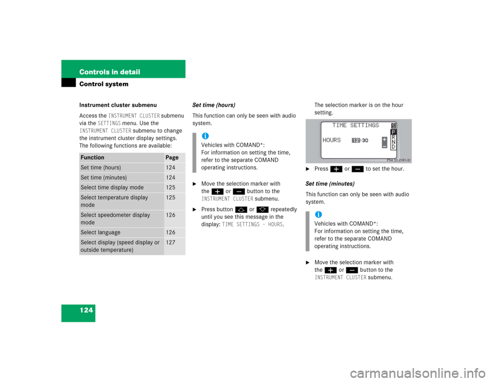 MERCEDES-BENZ C240 4MATIC WAGON 2004 S203 Owners Manual 124 Controls in detailControl systemInstrument cluster submenu
Access the
INSTRUMENT CLUSTER
submenu
via the
SETTINGS
menu. Use the
INSTRUMENT CLUSTER
submenu to change
the instrument cluster MERCEDES-BENZ C240 4MATIC WAGON 2004 S203 Owners Manual 124 Controls in detailControl systemInstrument cluster submenu
Access the
INSTRUMENT CLUSTER
submenu
via the
SETTINGS
menu. Use the
INSTRUMENT CLUSTER
submenu to change
the instrument cluster