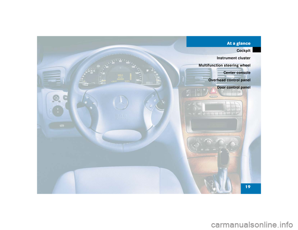MERCEDES-BENZ C240 4MATIC WAGON 2004 S203 Owners Manual 19 At a glance
Cockpit
Instrument cluster
Multifunction steering wheel
Center console
Overhead control panel
Door control panel 