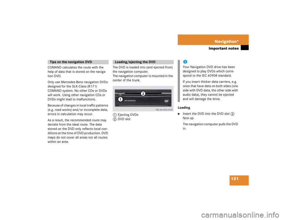 MERCEDES-BENZ SLK-Class 2005 R171 Comand Manual 121 Navigation*
Important notes
COMAND calculates the route with the
help of data that is stored on the naviga-
tion DVD.
Only use Mercedes-Benz navigation DVDs
designed for the SLK-Class (R171)
CO MERCEDES-BENZ SLK-Class 2005 R171 Comand Manual 121 Navigation*
Important notes
COMAND calculates the route with the
help of data that is stored on the naviga-
tion DVD.
Only use Mercedes-Benz navigation DVDs
designed for the SLK-Class (R171)
CO