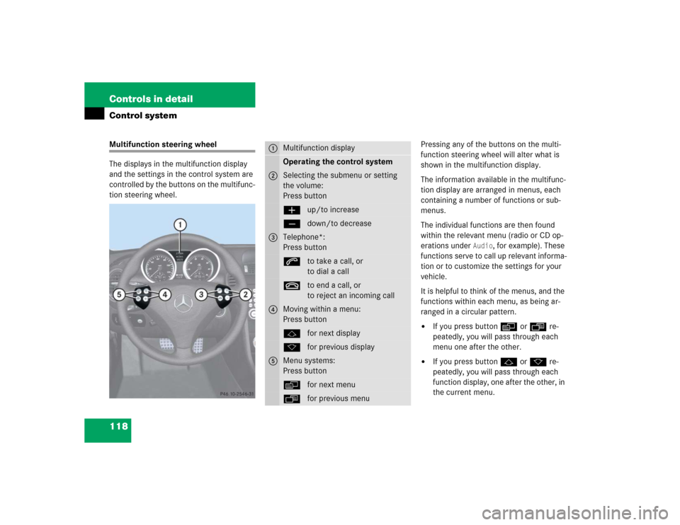 MERCEDES-BENZ SLK350 2005 R171 Owners Manual 118 Controls in detailControl systemMultifunction steering wheel
The displays in the multifunction display
and the settings in the control system are
controlled by the buttons on the multifunc-
tion MERCEDES-BENZ SLK350 2005 R171 Owners Manual 118 Controls in detailControl systemMultifunction steering wheel
The displays in the multifunction display
and the settings in the control system are
controlled by the buttons on the multifunc-
tion