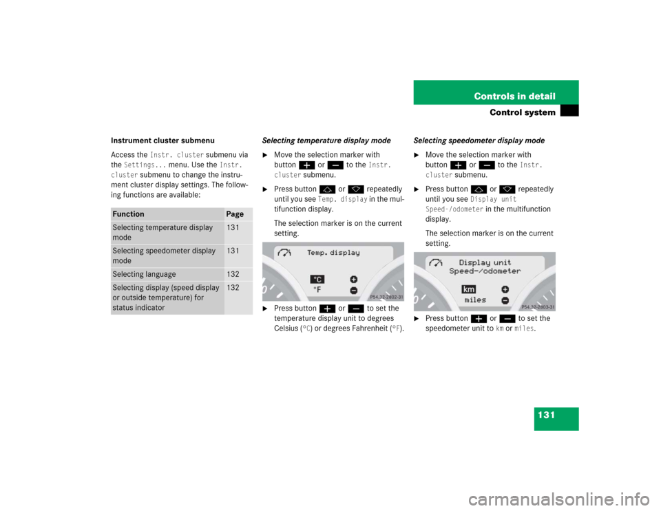 MERCEDES-BENZ SLK350 2005 R171 Owners Manual 131 Controls in detail
Control system
Instrument cluster submenu
Access the
Instr. cluster
submenu via
the
Settings...
menu. Use the
Instr.
cluster
submenu to change the instru-
ment cluster d MERCEDES-BENZ SLK350 2005 R171 Owners Manual 131 Controls in detail
Control system
Instrument cluster submenu
Access the
Instr. cluster
submenu via
the
Settings...
menu. Use the
Instr.
cluster
submenu to change the instru-
ment cluster d
