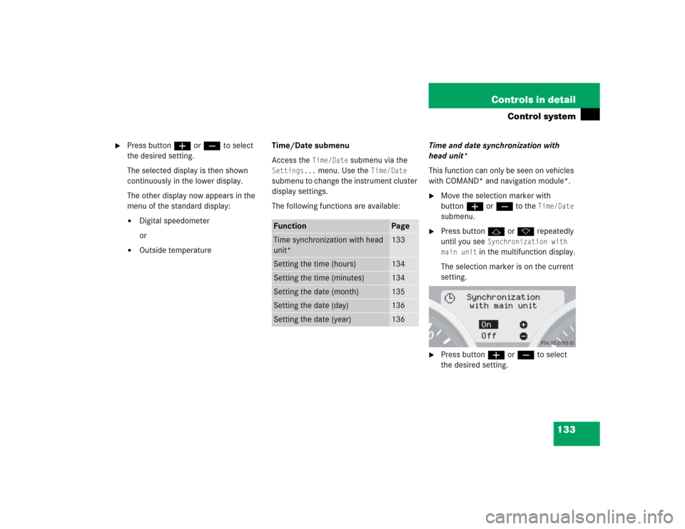 MERCEDES-BENZ SLK350 2005 R171 Owners Manual 133 Controls in detail
Control system
Press buttonæorç to select
the desired setting.
The selected display is then shown
continuously in the lower display.
The other display now appears in the
MERCEDES-BENZ SLK350 2005 R171 Owners Manual 133 Controls in detail
Control system
Press buttonæorç to select
the desired setting.
The selected display is then shown
continuously in the lower display.
The other display now appears in the