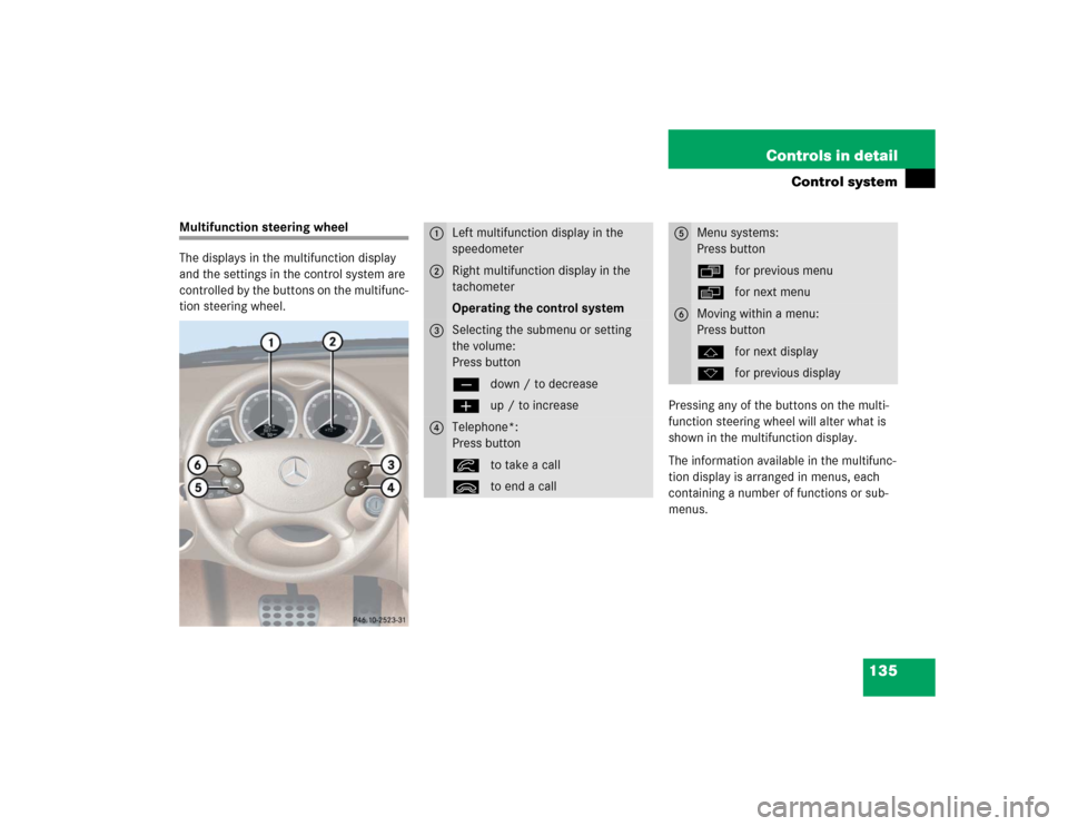MERCEDES-BENZ SL600 2005 R230 Owners Manual 135 Controls in detail
Control system
Multifunction steering wheel
The displays in the multifunction display 
and the settings in the control system are 
controlled by the buttons on the multifunc-
ti