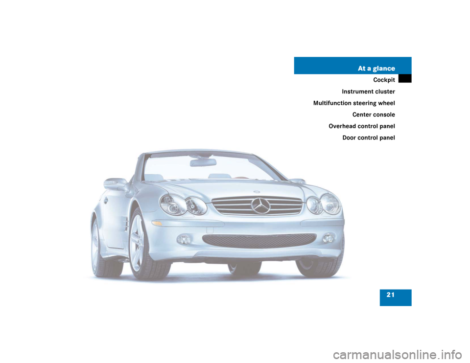 MERCEDES-BENZ SL600 2005 R230 Owners Manual 21 At a glance
Cockpit
Instrument cluster
Multifunction steering wheel
Center console
Overhead control panel
Door control panel 