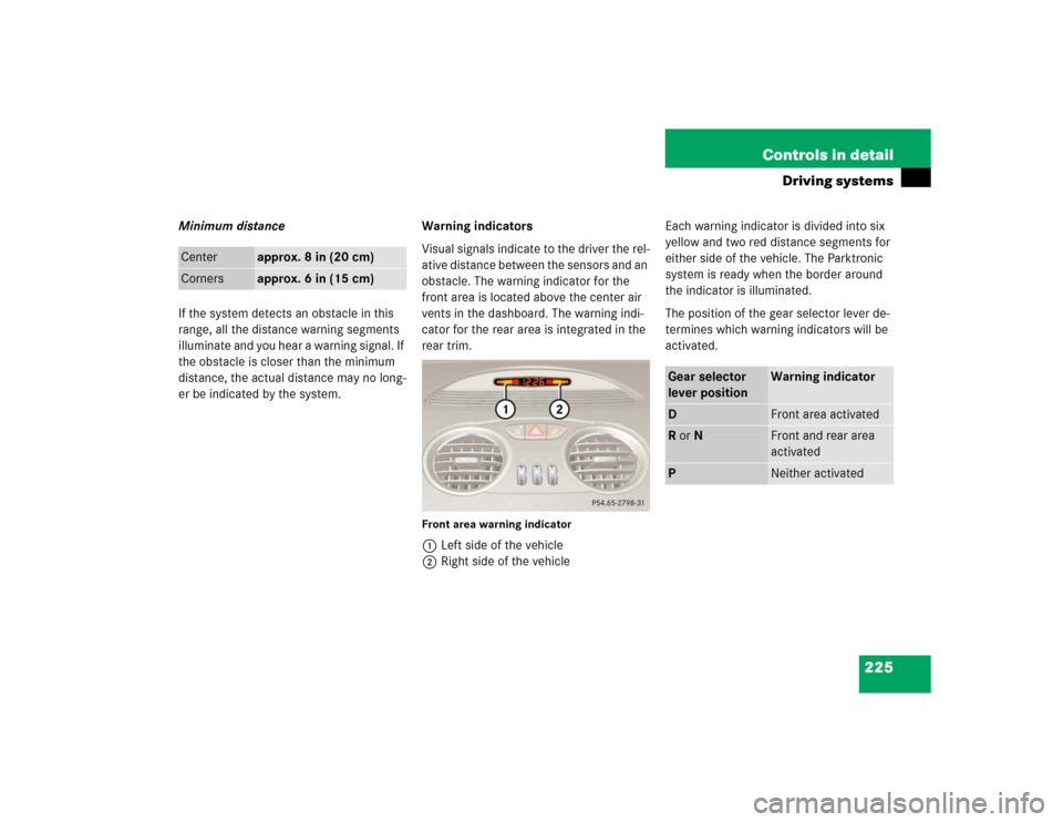 MERCEDES-BENZ SL600 2005 R230 Owners Manual 225 Controls in detail
Driving systems
Minimum distance
If the system detects an obstacle in this 
range, all the distance warning segments 
illuminate and you hear a warning signal. If 
the obstacle 